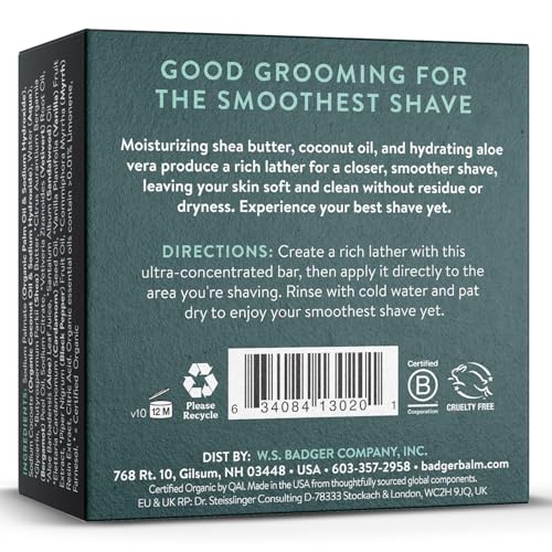 Badger Shaving Soap Puck, Organic Moisturizing Shave Soap Bar, Rich Lasting Lather, Light Natural Scent, Plastic Free & Vegan Shave Soap for Men & Women, 3.15 oz Bar