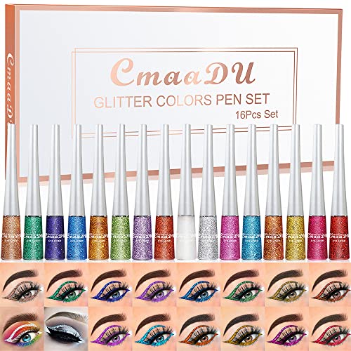 16 Colors Glitter Eyeliner Liquid Set, Metallic Waterproof