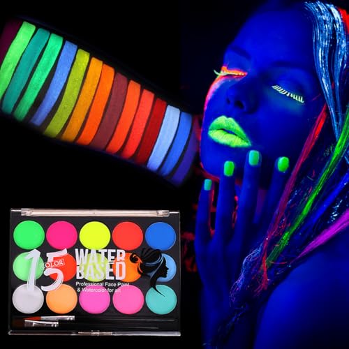 Glow UV Blacklight Face Paint - 15 Neon Colors Water-Based