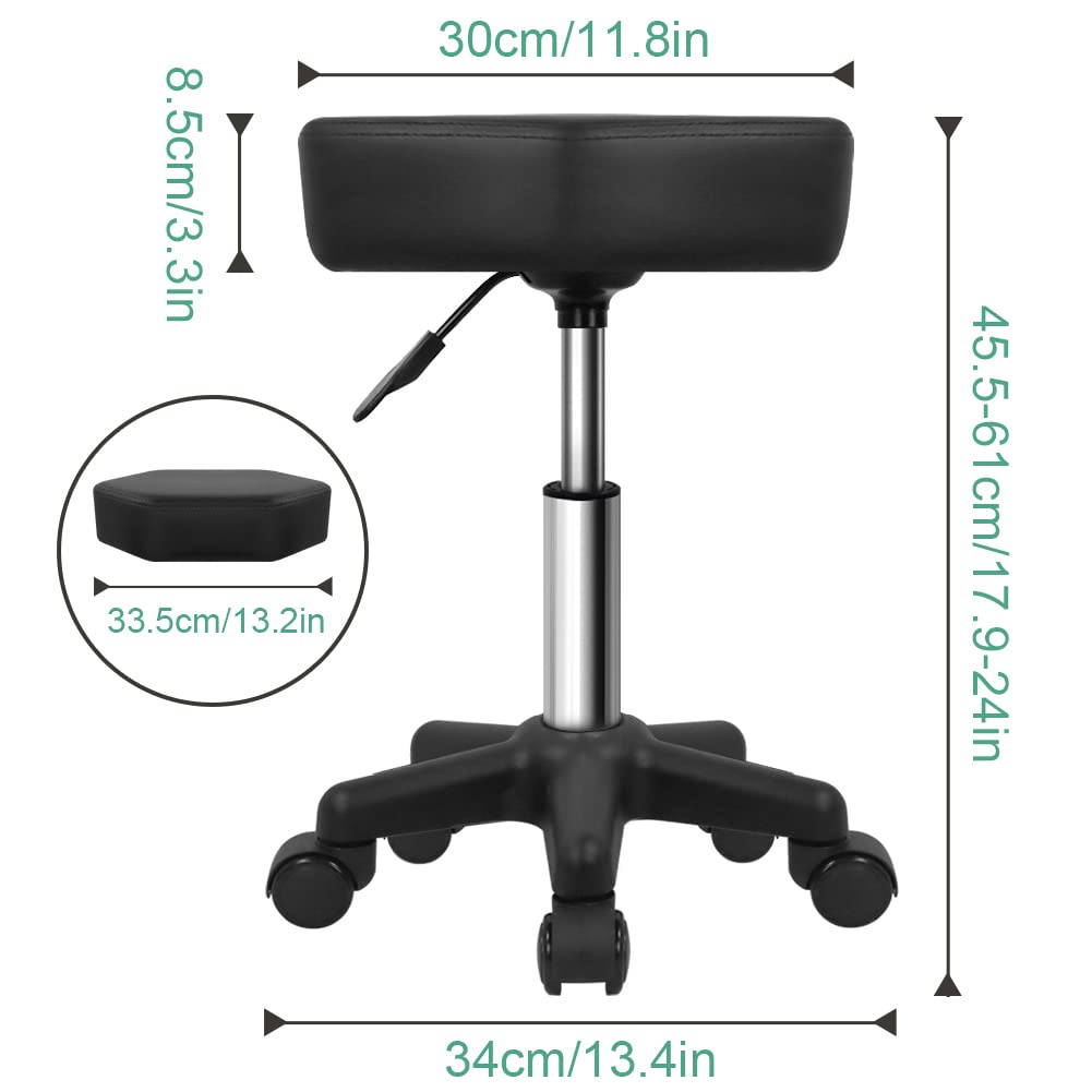 FURWOO Hexagon Rolling Stool Height Adjustable Stool with Wheels for Spa Salon Massage Black