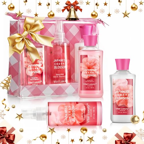Japanese Cherry Blossom Spa Christmas Gift Set, Bath and Body Care Collection ? 3-Piece Travel Set (Shower Gel, Lotion, Body Mist). Ideal Christmas, Birthday & Mother's Day Gift Travel Kit