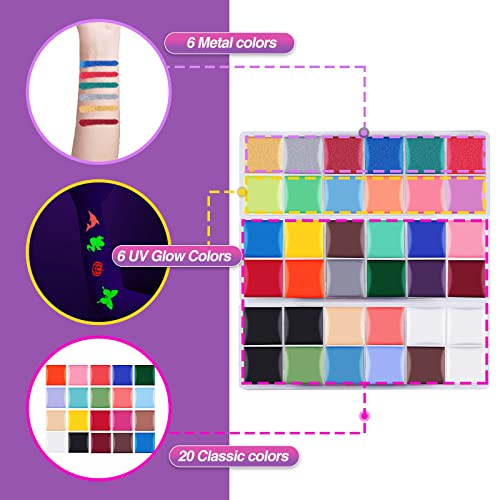 VESPRO Professional Face Painting Kit - 32 Colors, 10 Brushes & Stencils