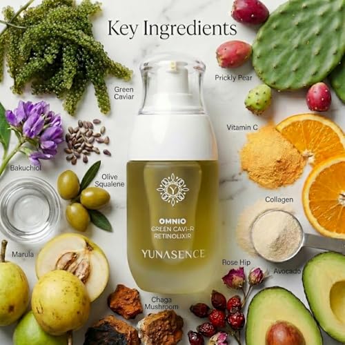 YUNASENCE OMNIO Green Cavi-R Retinolixir, w/3% Bakuchiol, Marula, Vitamin C, Chaga Mushroom. Anti Aging, Firming. Bio-Retinol.