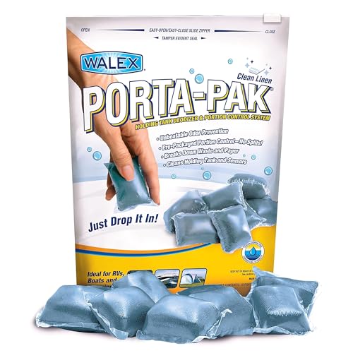 Walex Porta-Pak RV Marine Black Holding Tank Deodorizer Drop-Ins, Camper, Boat, Camping Porta Cassette Toilet Cleaner Pods, Clean Linen, 10 Pack