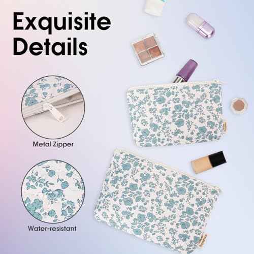 Wandering Nature Makeup Bag Small Cosmetic Bag for Purse 2 Pack Small Make Up Pouch Cute Travel Pouch with Zipper for Women, Blue Flower