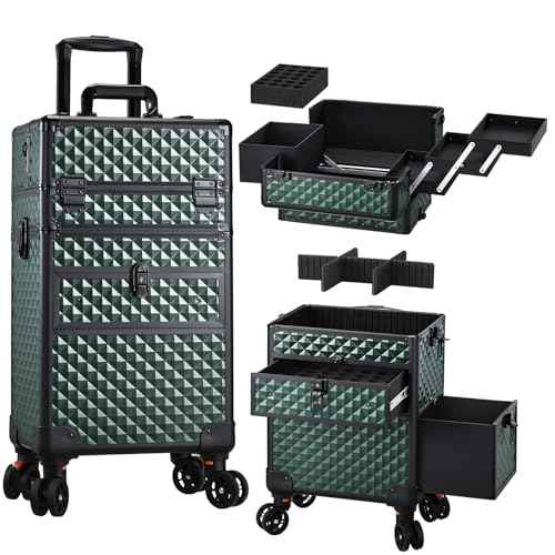 Joligrace Rolling Makeup Case with Wheels & Drawers Large Professional Cosmetology Trolley Case Travel Cosmetic Storage Train Cases for Nail Technicians, Makeup Artist and Hairstylist Dark Green