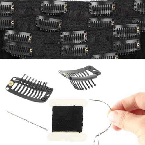 YUXIANG 20 Pieces Hair Extension Clips, 9 Teeth Stainless Steel Clips for Wigs, Hair Bangs, Toppers, Toupees with Needle and Thread Sets (Black)