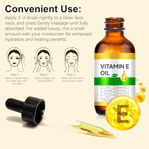 Vitamin E Oil, 100% Pure Natural Vitamin E for Skin, Hair, Nails & Scars, Body, for Moisturizing Dry Skin, Skincare, Cold Pressed, Hexane Free, Non-GMO, 2 Fl Oz