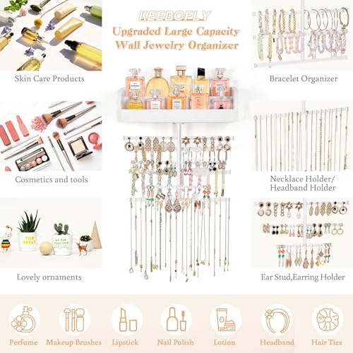 Keebofly Wall Mounted Jewelry Organizer 7-in-1 with Large Stepped Rustic Whitewood Shelves - Iron Jewelry Holder for Earring, Necklace, Bracelet Storage + Makeup/Perfume/Nail Polish Display