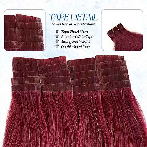 Real Hair Extensions Tape in Human Hair Extensions Burgundy Colored Hair Extensions Tape ins 20 Pieces Seamless Invisible Hair Extensions 22 inch Double Sided Tape in Remy Hair 60g for Women