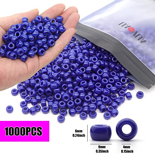 Auvoau 1000Pcs Pony Beads Bracelet 9mm Bronze Blue Plastic Barrel Pony Beads for Necklace,Hair Beads for Braids for Girls,Key Chain,Jewelry Making (Royal Blue)