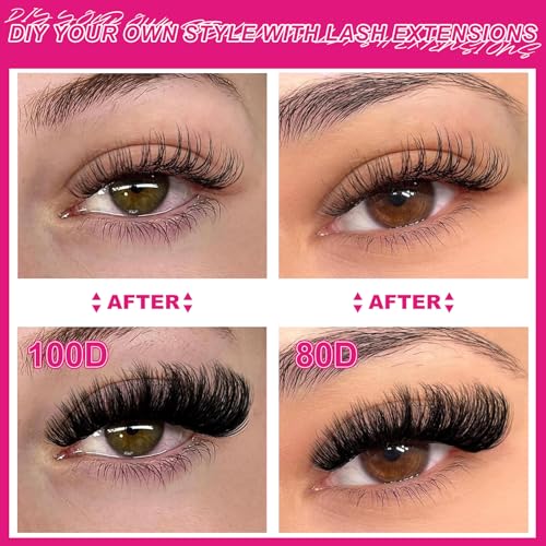 Fowendia Lash Clusters Kit Fluff 80D 100D Individual Lashes D Curl Cluster Eyelash Extensions 10-18mm DIY Lash Extension Kit Lash Bond and Seal Waterproof, Lash Applicator, Thick False Eyelashes Kit