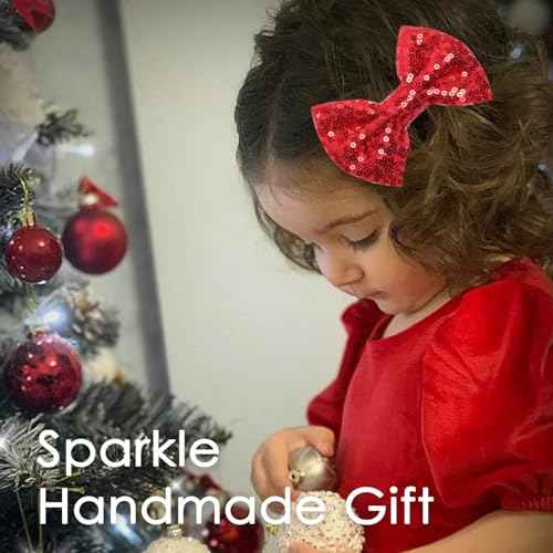 KISZU 4 Inch Sequin Glitter Hair Bows Clips, Sparkling Bling Little Bow HairPins Hair Accessories for Baby Girls Kids Children Teens and Women (Red)