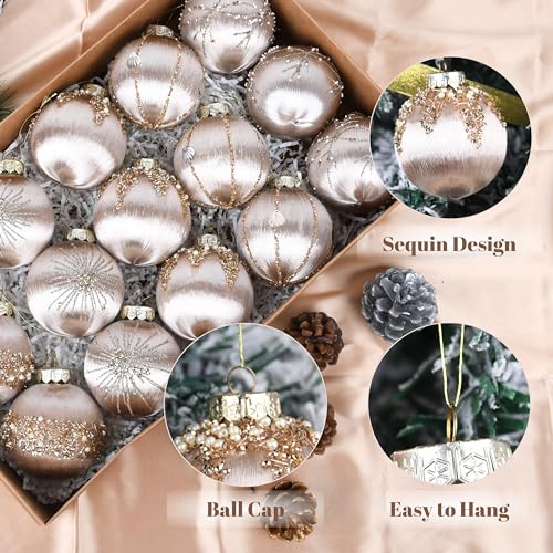 Christmas Ornaments Champagne Xmas Balls - Pack of 15 Luxury Christmas Tree Decorations Shatterproof - Satin Glitter Xmas Bulbs Set, 3.15 inch 80mm