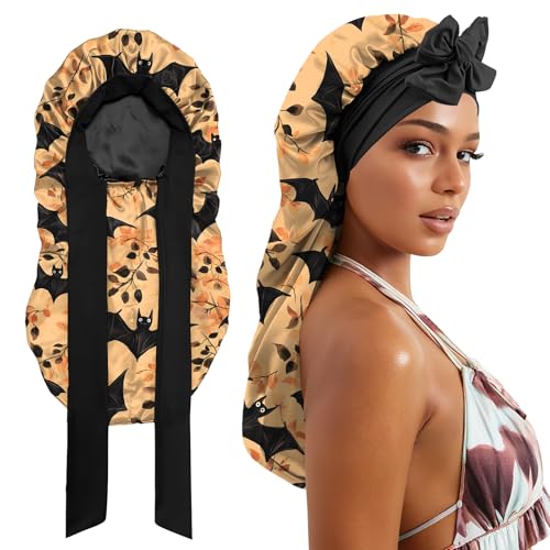 Long Satin Sleep Bonnet for Women & Girls - Soft Silk-Lined Nightcap with Tie - Orange Bat Ao13