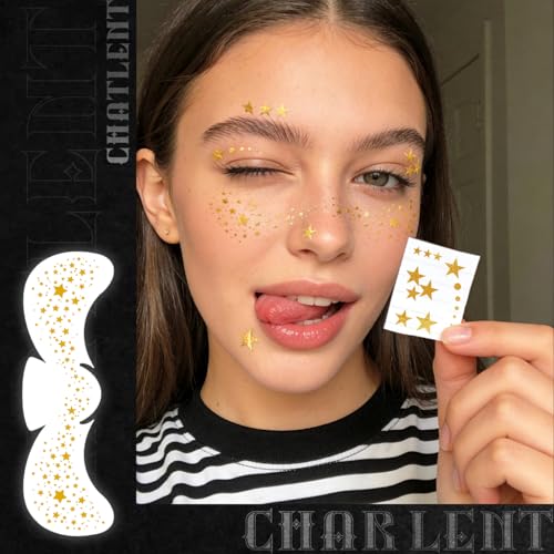 CHARLENT Gold Glitter Freckles Temporary Face Tattoos - 36pcs