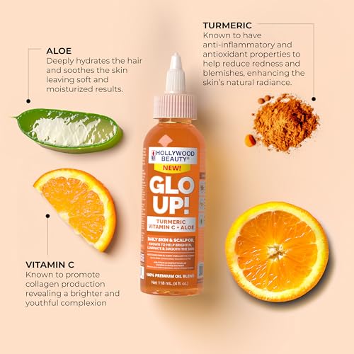 Hollywood Beauty Glo Up! Daily Skin & Scalp Oil to Brighten and Smooth with Turmeric, Vitamin C, and Aloe, 4 fl oz