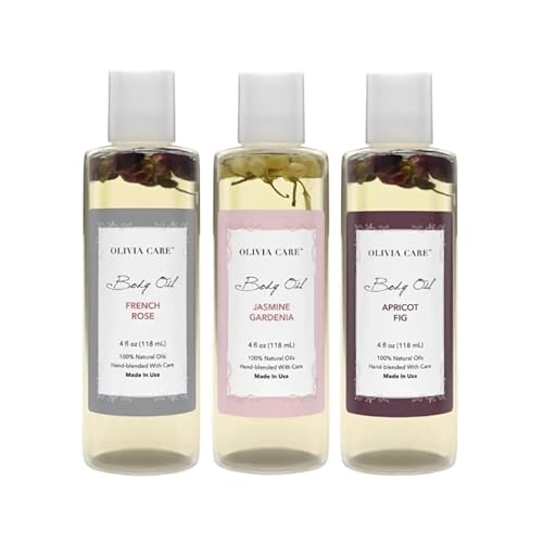 Olivia Care 3 Pack Body Oils: Apricot Fig, French Rose, Jasmine Gardenia - Natural Perfume Oils For Women & After Bath Oils Body Moisturizers, Rich in Vitamin E, K, & Omega (3 Scents)