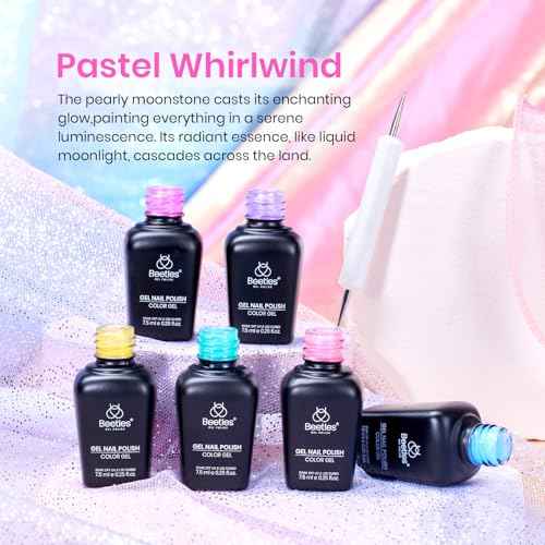 Beetles Shimmer Gel Nail Polish Set, 6 Colors Pink Blue Yellow Green Purple Iridescent Pearl Nail Polish Soak Off Uv Mermaid Gel Nail Polish Swirl Shell Thread Effect DIY Gift for Women