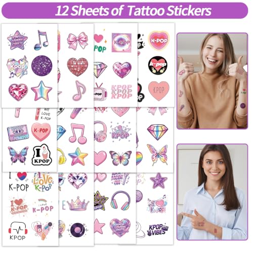 ANONDF 240Pcs Kpop Party Favors: Tattoos, Stickers, Slap Bracelets, Badges, Keychains & Pins (Colorful)