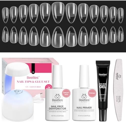 Beetles Gel Nail Kit Short Almond with Nail Dehydrator and Primer, 576Pcs Half Matte Etch-X Nail Tips Solid Nail Glue Mini Nail Lamp Nail Extension Set Gift, with Blooming Gel 15ml for Spreading Effec