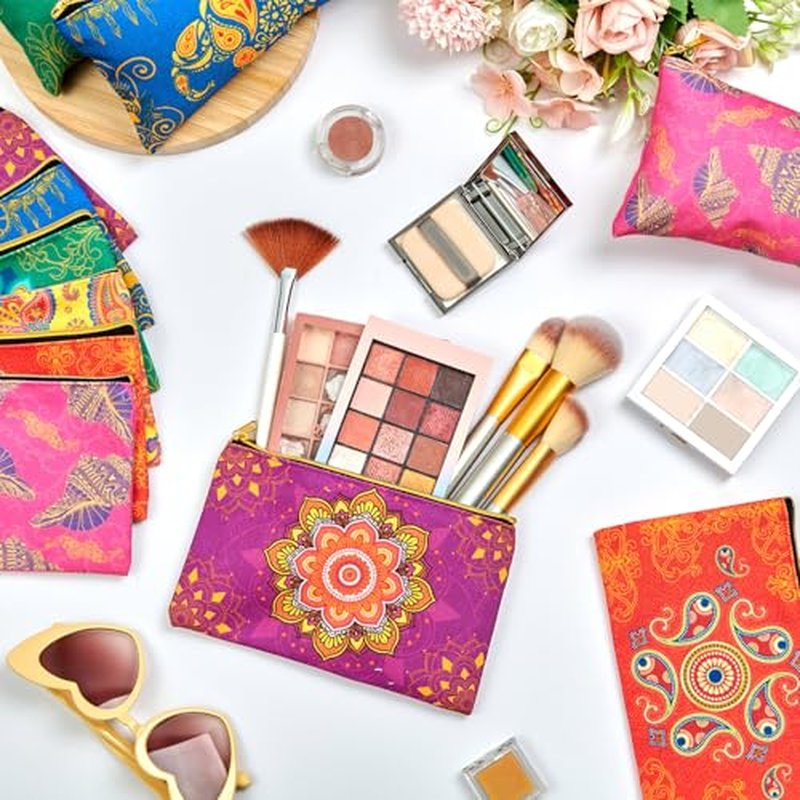 24 Pcs Diwali Gifts Bulk, Indian Return Gifts for Pooja, Multicolor Canvas Makeup Bags with Golden Zipper, Travel Cosmetic Pouches with Classic Indian Motifs, Wedding Gift for Women