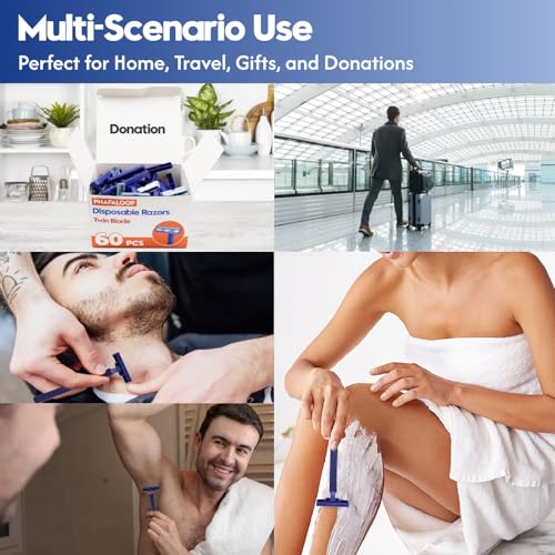 Twin Blade Disposable Razors for Men & Women ? Bulk 60 Pack Stainless Steel Shavers with Lubricating Strip, Safety Cap & Non-Slip Handle for Sensitive Skin, Travel, Hotel, Charity ? Blue