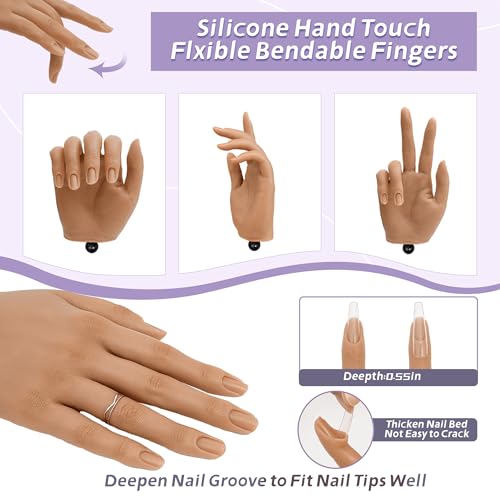 Practice Hand for Acrylic Nails,Realistic Silicone Training Hand with Flexible Fingers for Nail Art Practice,Professional Mannequin Hand Model Kit for Gel Polish & Manicure Beginners