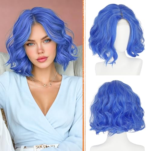 Blue Bob Wig with Lace Front - 11" Wavy Synthetic Hair