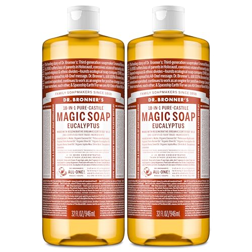 Dr. Bronner's Magic Soap - Pure-Castile Liquid Soap (Eucalyptus, 32 ounce, 2-Pack) -Regenerative Organic Certified Oils, 18-in-1 Uses: Body, Hair, Laundry, Pets & Dishes, Concentrated, Vegan, Non-GMO