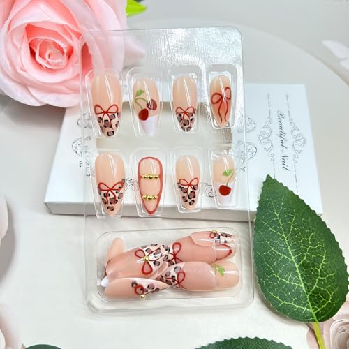 3D Cherry Bow Leopard Print Press On Nails - Long Almond Acrylic Set