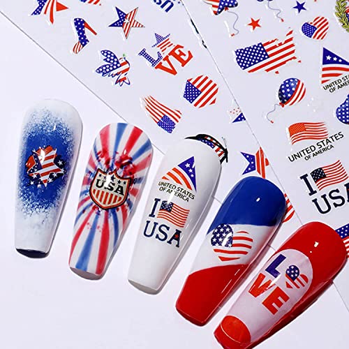 Independence Nail Art Sticker - 8 Sheets 4th July Nail Stickers 3D Self Adhesive Nail Art Decoration Red Blue Flag Eagle Heart Lip Nail Design for Acrylic Nail