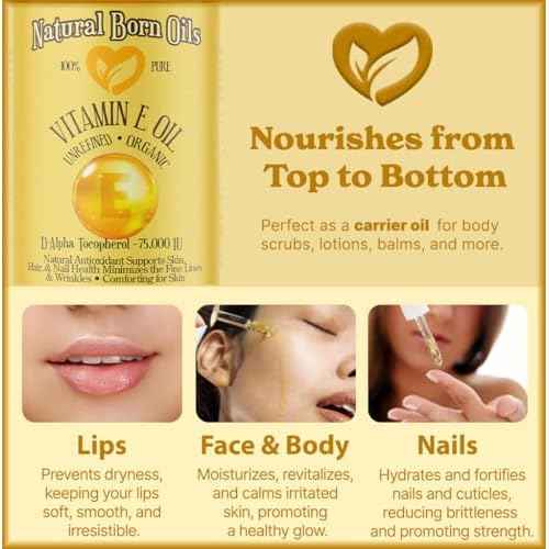 Natural Born Oils Vitamin E Oil (made from Wheat Germ), 16oz, Organic, Cold-Pressed, Nutrient-Rich, Excellent for Glowing Skin, Lustrous Hair