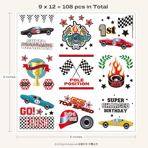 108 Race Car Temporary Tattoos for Boys Birthday Party