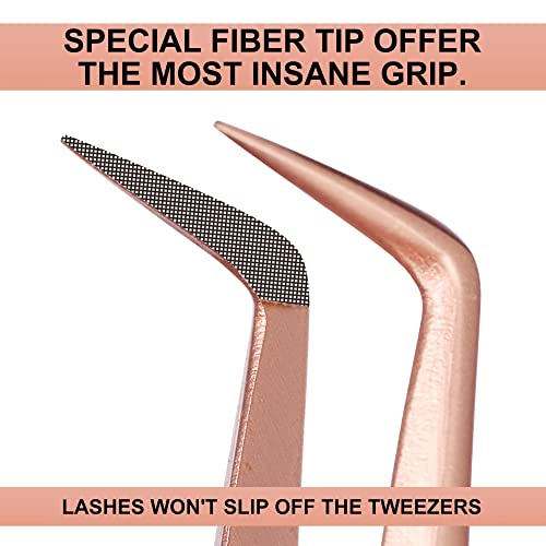 Fiber Tip Lash Tweezers For Eyelash Extension 4 Pcs Tweezers Professional Artist Tech Work Kit Tools,Best Volume Eyelash Lashes Extensions Precision Supplies Volume Boot 90 45 Degree(Rose Gold)