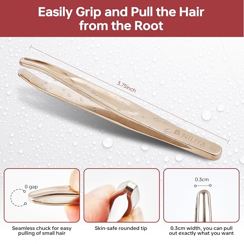 Tweezers for Man, Professional Round Tips Plucker for Chin, with Leather Travel Case (Light Gold)