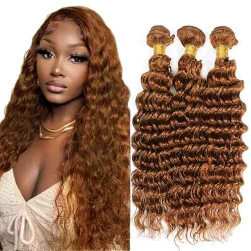 Augfst Brazilian Virgin Human Hair Bundles Color 30 Light Brown Deep Wave Bundles Human Hair 10 12 14 Inch Inch 12A Unprocessed Sewn In Quick Weave for Black Women