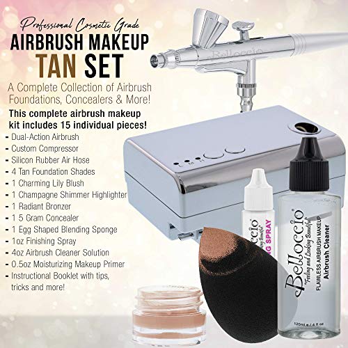 Belloccio Professional Beauty Airbrush Cosmetic Makeup System with 4 Tan Shades of Foundation in 1/4 Ounce Bottles - Kit Includes Blush, Bronzer and Highlighter and 3 Bonus Items and a Video Link