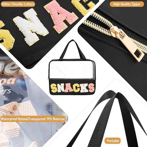 Chenille Letter Snacks Bag Zipper Pouch TPU&Nylon Clear Cosmetic Bag with Handle Toiletry Bags Travel Makeup Bag Multi-purpose Clear Pouches For Women (SNACKS, Black)
