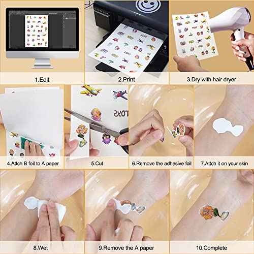 Stampcolour Printable Temporary Tattoo Paper for INKJET printer 8.5"X11" 30 Sheets DIY Tattoos Stickers,Personalized Image Transfer for skin Custom Waterslide Decal for women men