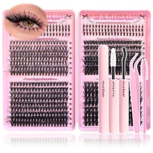 Lash Clusters Kit 32 Top and 6 Bottom Eyelashes, Wispy Natural Fluffy Lashes Clusters Extensions, 10-16mm 40D 60D 80D 100D D Curl Lash Thick kit (Bond and Seal, Glue Eyelash Brush Tweezer)