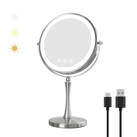 Nicesail 9" Large Lighted Makeup Mirror, 1X/10X Magnifying Vanity Mirror with 3 Colors Dimmable LED Lighting, 360°Rotation Double Sided Tabletop Mirror for Desk Cosmetic Mirror, Polished Nickel