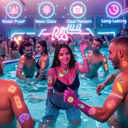 Glow in the Dark Tattoos 172 PCS Glow in the Dark Party Supplies,Neon Body Paint Be UV Blacklight Reactive Face Temporary Tattoos for Adults,Teens/Neon Accessories,Party Favors&Decorations