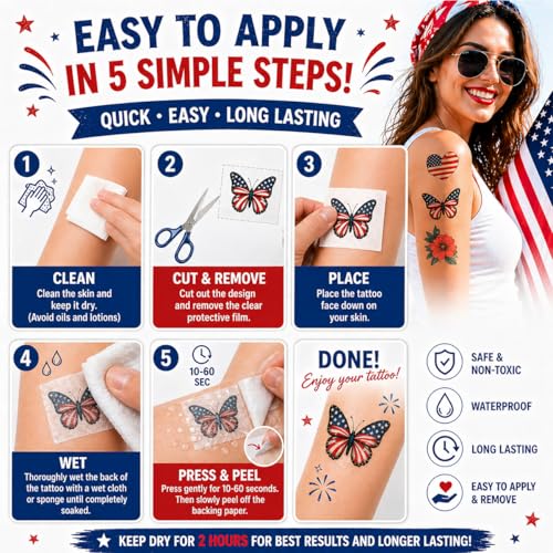 Patriotic Temporary Tattoos - 100+ Designs, 10 Sheets