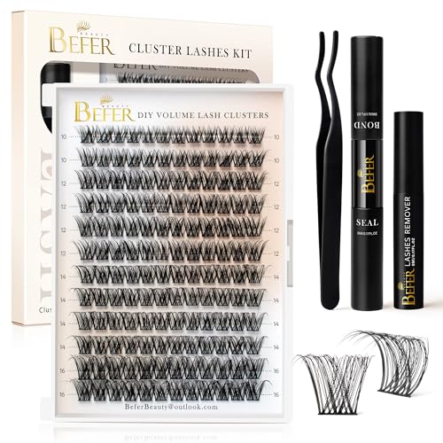 BEFER Lash Clusters Kit - 144 D Curl Individual Lashes with Bond & Seal