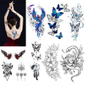 Flower Butterfly Temporary Tattoos for Women Girls, 12Sheets Large Black Waterproof Half-Arm Shoulder Adults Fake Tattoo, Blue Realistic That Look Real Last Long Party Favors Supplies Gifts