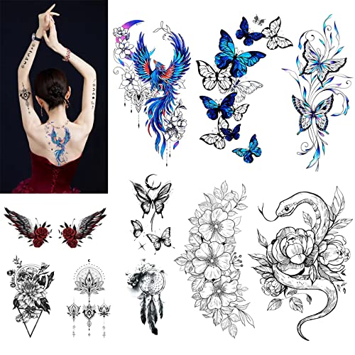 Flower Butterfly Temporary Tattoos for Women Girls, 12Sheets Large Black Waterproof Half-Arm Shoulder Adults Fake Tattoo, Blue Realistic That Look Real Last Long Party Favors Supplies Gifts