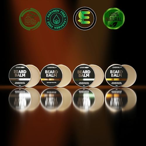 LOVERY Beard Balm for Men, Gift Set in Unscented, Sandalwood, Tobacco Vanilla, Cedar Pine Fragrances, All-Natural Wax, Cream Softener Butter, 4 Pack