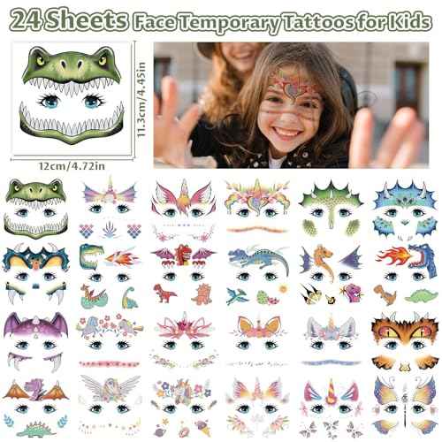 Partywind 24 Styles Face Temporary Tattoos for Kids, Dinosaur Fake Tattoo Stickers for Boys Girls Party Supplies Favors, Face Tattoos for Birthday Games, Kids Goodie Bag Stuffers