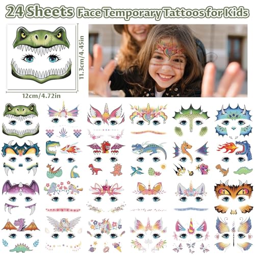 Partywind 24 Temporary Face Tattoos for Kids, Dinosaur & Animal Stickers
